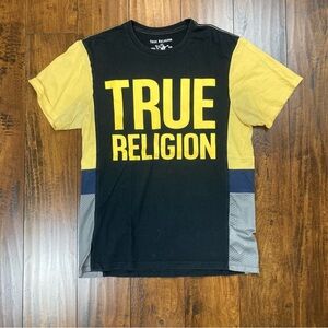TRUE RELIGION Men’s Shirt Classic Callout Graphic Block Yellow Black Mesh Sz MED